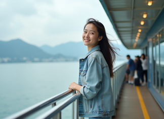 Jeune femme debout sur un ferry en mer au Japon