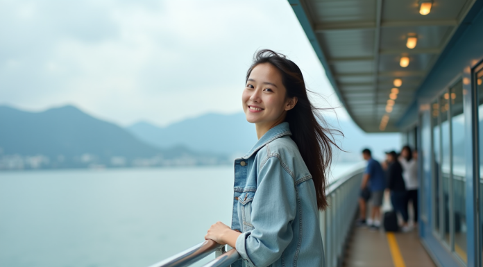 Jeune femme debout sur un ferry en mer au Japon