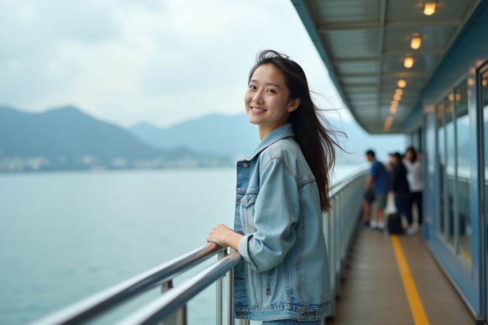 Jeune femme debout sur un ferry en mer au Japon