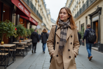 Jeune femme en trench beige dans une rue parisienne