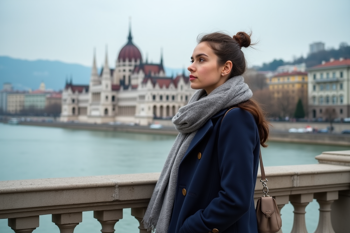 Jeune femme regardant le Danube depuis le pont de Budapest