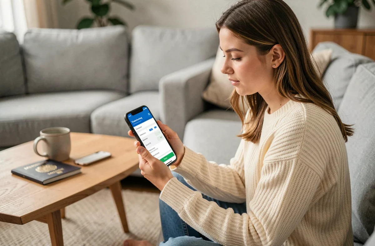 Jeune femme vérifiant les options de gestion de réservation Air Algérie sur son smartphone depuis son salon
