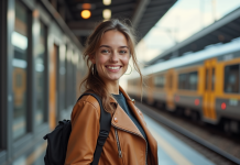 Jeune femme souriante tenant un train belge sur un quai moderne