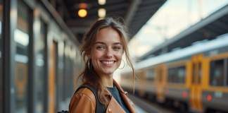 Jeune femme souriante tenant un train belge sur un quai moderne