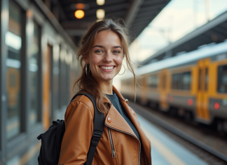 Jeune femme souriante tenant un train belge sur un quai moderne