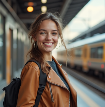 Jeune femme souriante tenant un train belge sur un quai moderne
