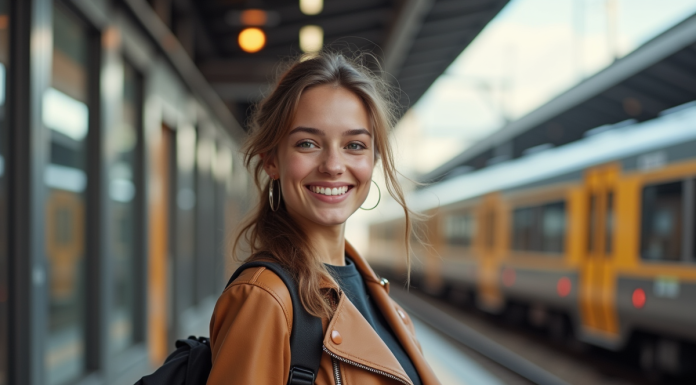 Jeune femme souriante tenant un train belge sur un quai moderne