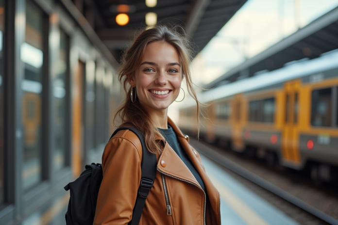 Jeune femme souriante tenant un train belge sur un quai moderne