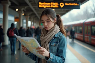Jeune femme examinant une carte à la gare de Montréal
