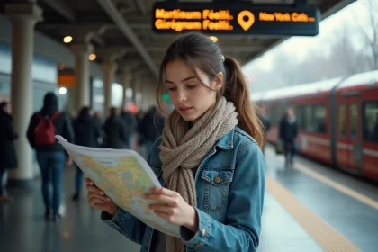 Jeune femme examinant une carte à la gare de Montréal