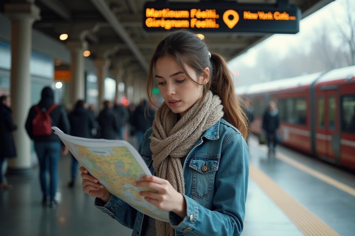 Jeune femme examinant une carte à la gare de Montréal