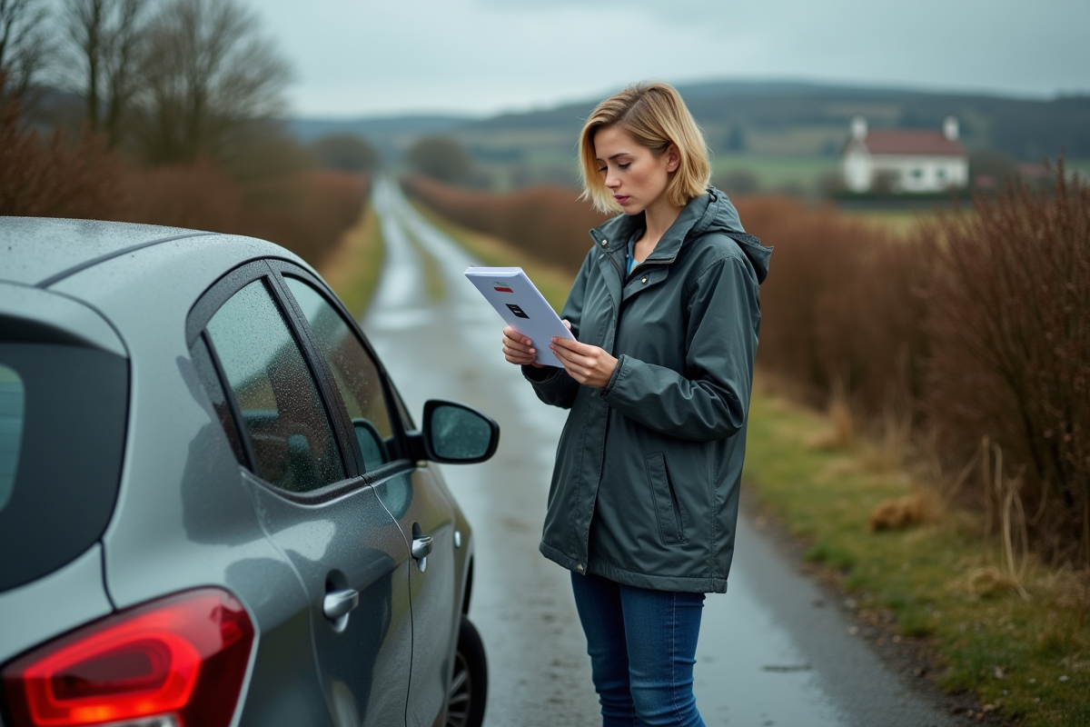 Jeune femme lisant un document près de sa voiture sous la pluie
