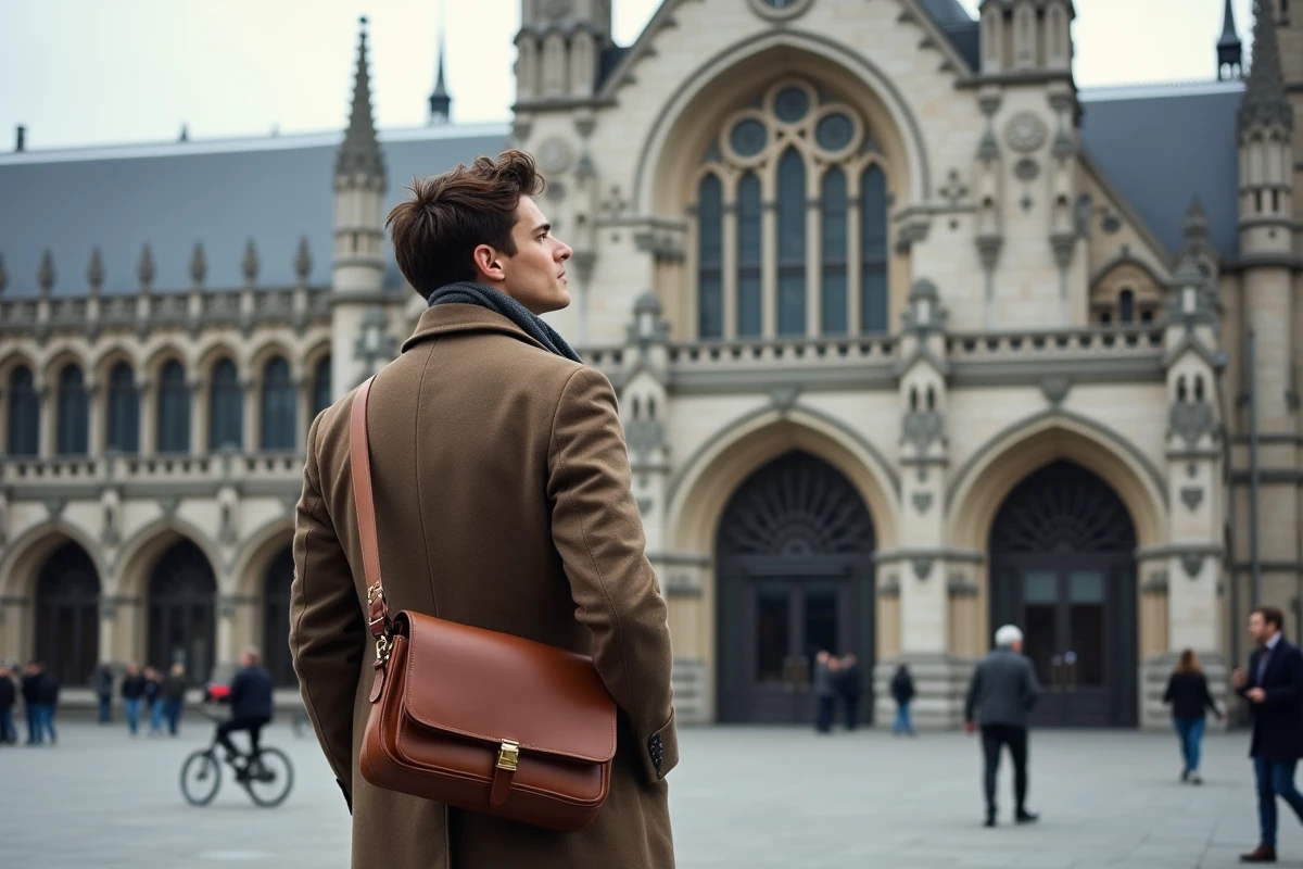 Jeune homme regardant la façade de la gare d