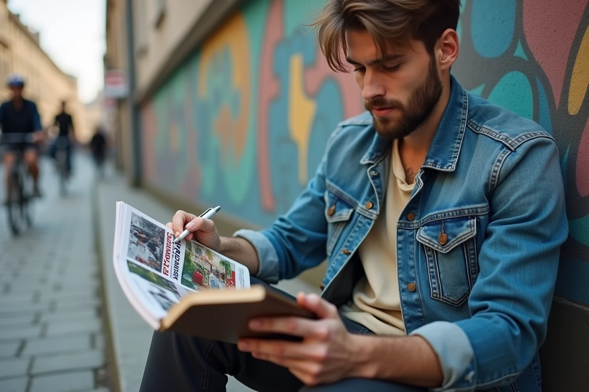 Jeune homme feuilletant un magazine de voyage en ville