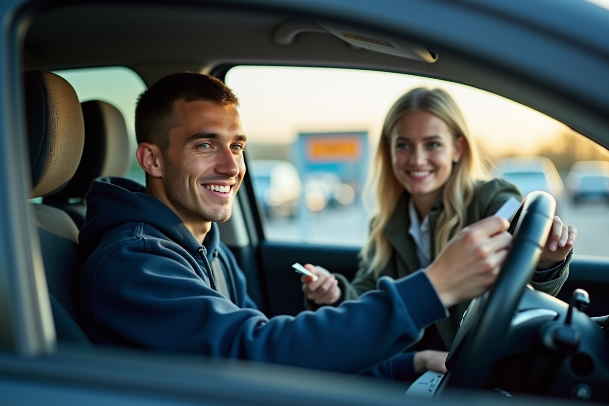 Jeune homme souriant payant un péage autoroute à une borne