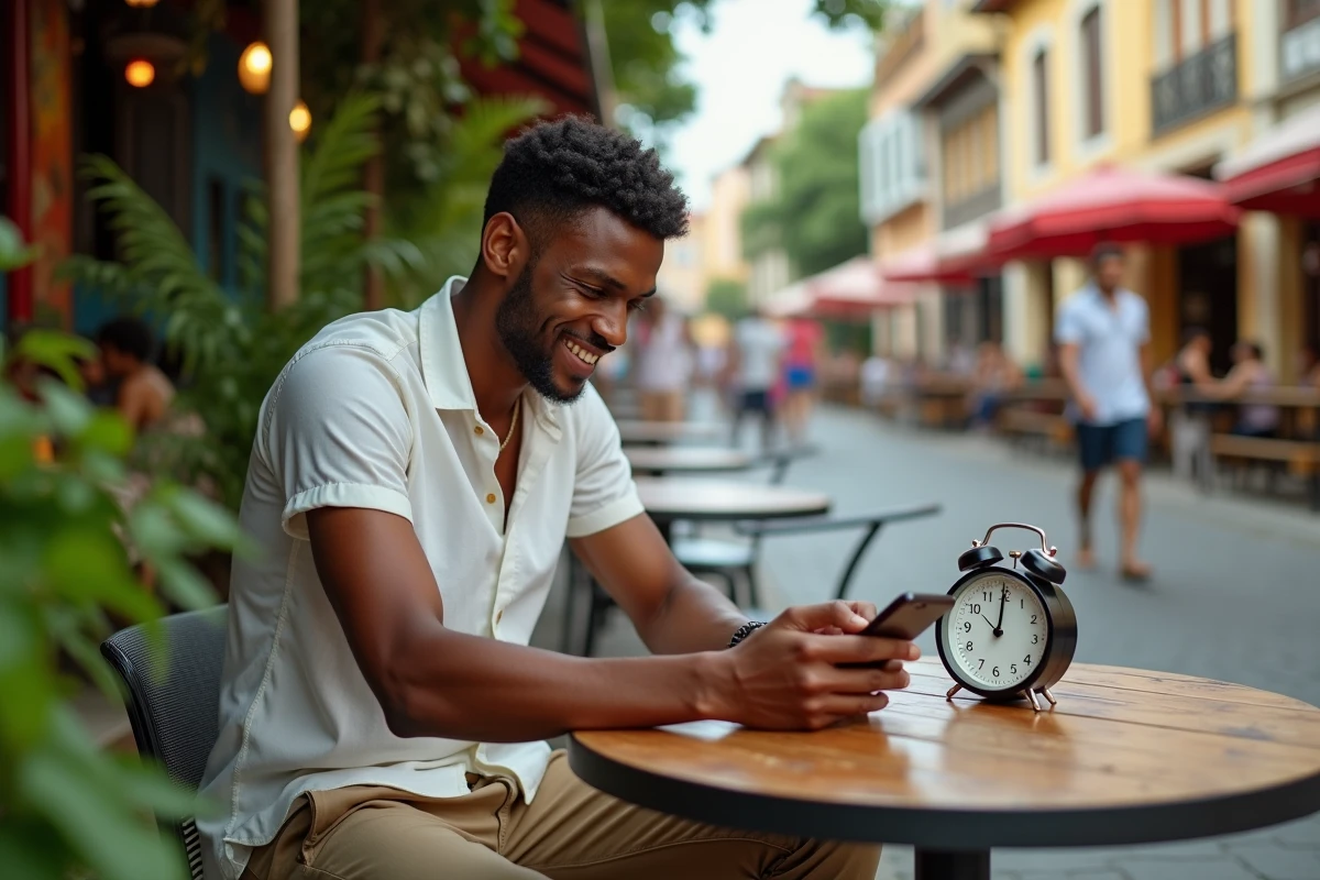 Jeune homme avec montre dans un café à la Réunion
