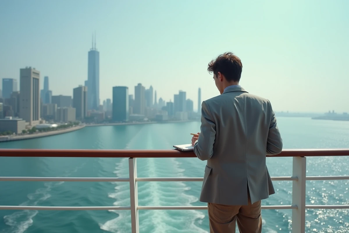 Jeune voyageur regardant la ville depuis le pont du navire