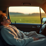 Jeune voyageur dormant dans une voiture en campagne belge