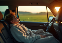 Jeune voyageur dormant dans une voiture en campagne belge