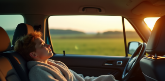 Jeune voyageur dormant dans une voiture en campagne belge