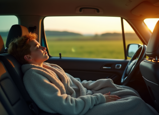 Jeune voyageur dormant dans une voiture en campagne belge