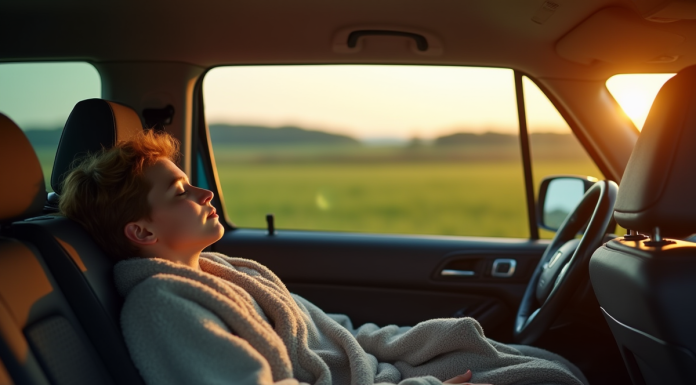 Jeune voyageur dormant dans une voiture en campagne belge