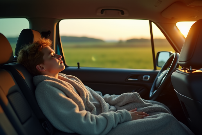 Jeune voyageur dormant dans une voiture en campagne belge