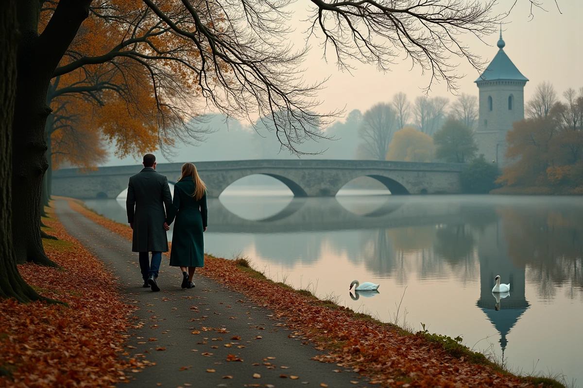 Couple se promenant au lac Minnewater de Bruges en automne avec le reflet du château dans l'eau et des cygnes blancs