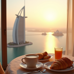 Prix nuitée Burj al Arab : à quel tarif s’offrir le luxe ultime ? Vue du Burj Al Arab au lever du soleil depuis un balcon de luxe avec petit déjeuner
