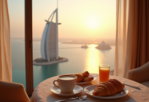Vue du Burj Al Arab au lever du soleil depuis un balcon de luxe avec petit déjeuner