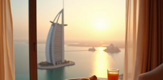 Vue du Burj Al Arab au lever du soleil depuis un balcon de luxe avec petit déjeuner