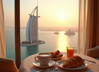 Prix nuitée Burj al Arab : à quel tarif s’offrir le luxe ultime ? Vue du Burj Al Arab au lever du soleil depuis un balcon de luxe avec petit déjeuner