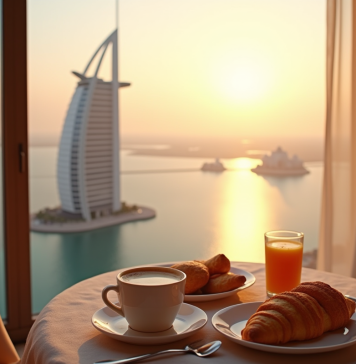 Prix nuitée Burj al Arab : Combien payer pour un séjour de luxe ? Vue du Burj Al Arab au lever du soleil depuis un balcon de luxe avec petit déjeuner