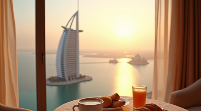 Prix nuitée Burj al Arab : à quel tarif s’offrir le luxe ultime ? Vue du Burj Al Arab au lever du soleil depuis un balcon de luxe avec petit déjeuner