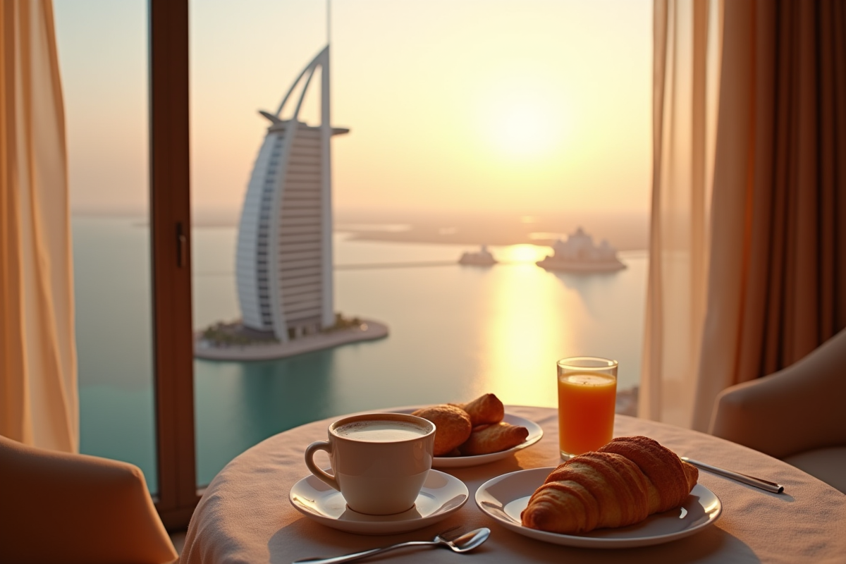 Vue du Burj Al Arab au lever du soleil depuis un balcon de luxe avec petit déjeuner