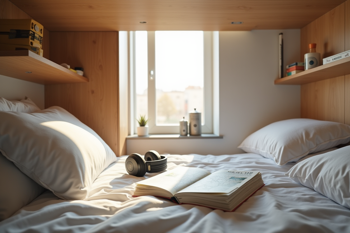Lit individuel dans une auberge moderne avec objets de voyage