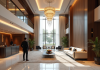 Hall d'hôtel luxueux avec décor moderne et chandelier