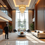 Hall d'hôtel luxueux avec décor moderne et chandelier