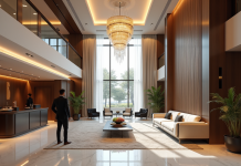 Hall d'hôtel luxueux avec décor moderne et chandelier