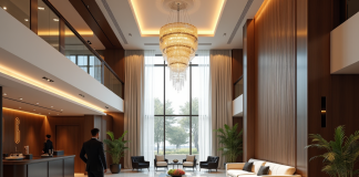 Hall d'hôtel luxueux avec décor moderne et chandelier