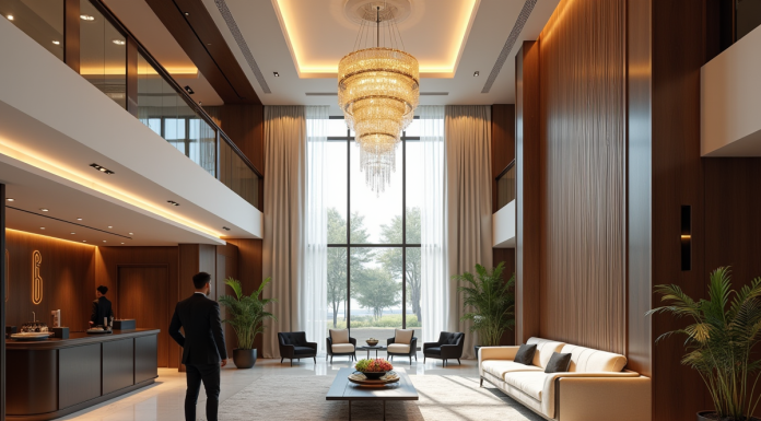 Hall d'hôtel luxueux avec décor moderne et chandelier