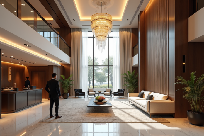 lobby-hotel-luxe-modern Hall d'hôtel luxueux avec décor moderne et chandelier