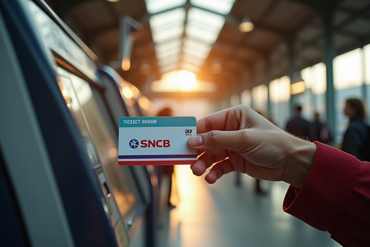 Main présentant un ticket SNCB dans une gare belge animée