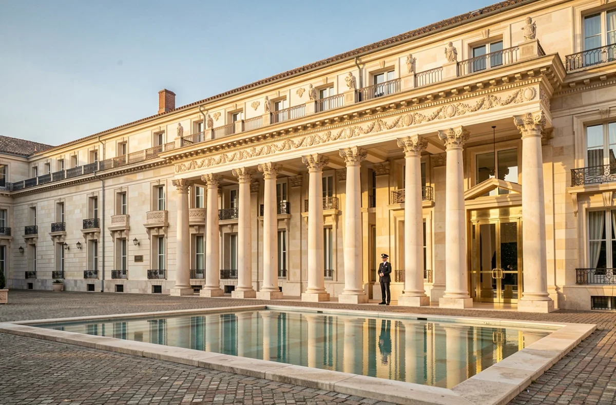 Façade néoclassique majestueuse de l'hôtel Maison Albar L'Imperator à Nîmes avec colonnes en pierre et entrée en laiton poli