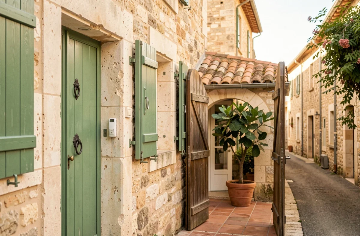 Façade en pierre restaurée de La Maison d'Ulysse dans un village du Gard avec volets verts et cour intérieure entrevue