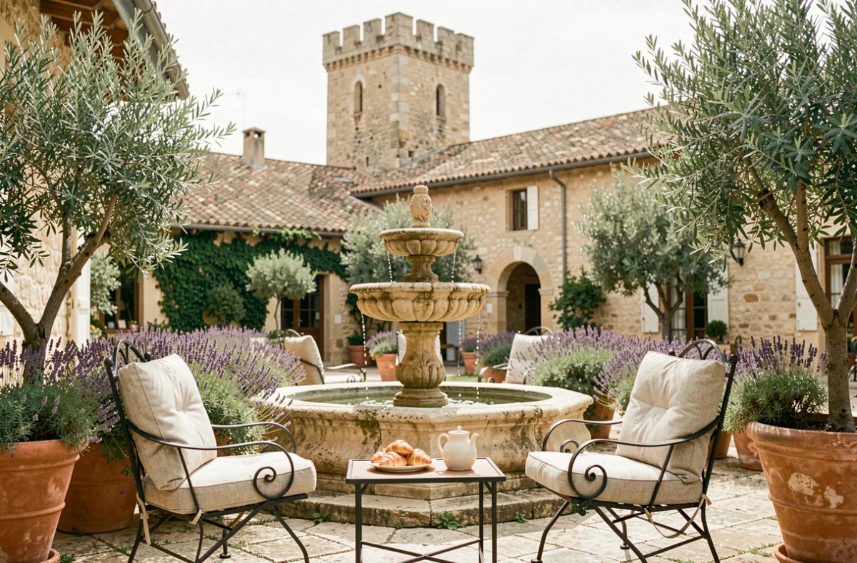 Cour intérieure ensoleillée de La Maison d'Uzès avec fontaine en pierre, lavande en pot et table de petit-déjeuner en fer forgé