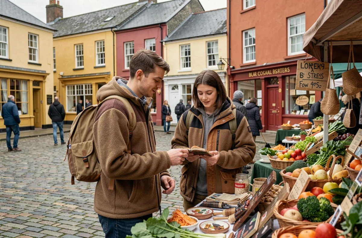 Couple de voyageurs à petit budget explorant un marché artisanal en ville irlandaise avec facades colorées en arrière-plan