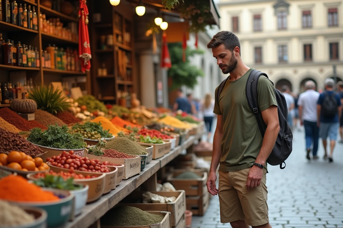 Voyageur solo explorant un marché local en plein air dans une ville d'Europe centrale avec architecture baroque en arrière-plan