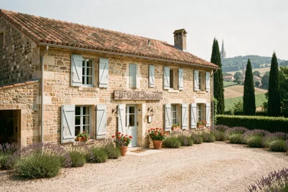 Vue extérieure d'une chambre d'hôtes typique en Haute-Garonne avec façade en pierre et volets bleus