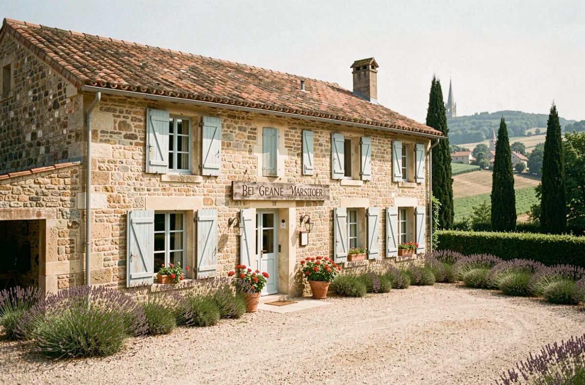 Vue extérieure d'une chambre d'hôtes typique en Haute-Garonne avec façade en pierre et volets bleus